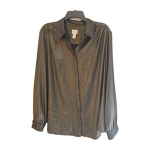 Chico's Metallic Black Gold Shimmer Long Sleeve Button Down Shirt Womans Size Xl